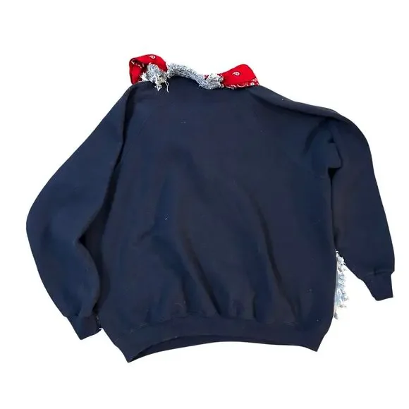 Western Upcycled Crew Sweatshirt Womens Large Blue Denim Patches Rodeo Party - Picture 3 of 5